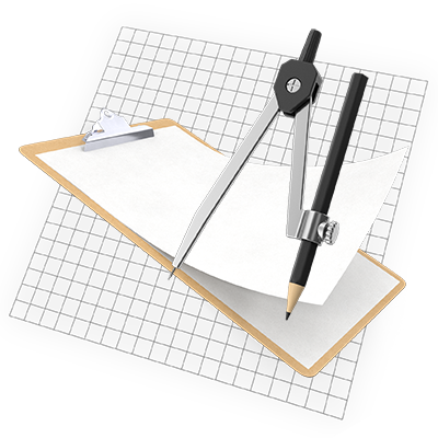 Clipboard with grid and compass materials graphic.